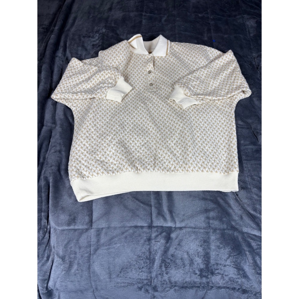Vintage Graff Californiawear Knit Polo‎ Shirt Top Cream Gold Metallic Medium